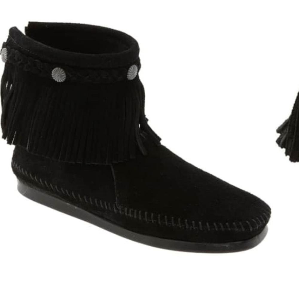 Minnetonka Suede Fringe Zip Concho Ankle Bootie